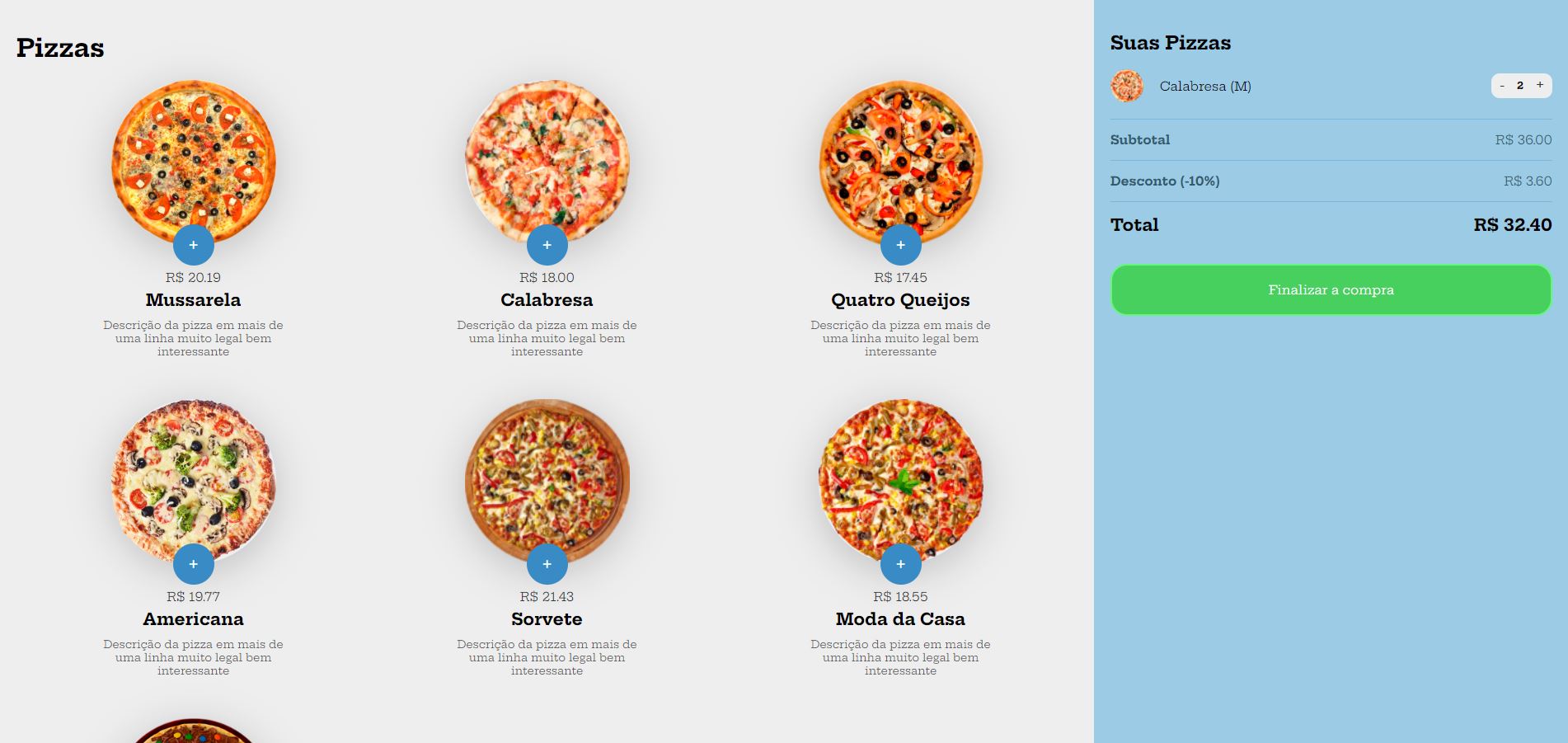 Captura de tela de um site de compra de pizzas